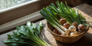 Korb mit Lauchgemüse